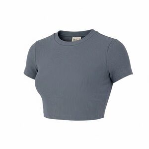 Mood Women’s Small Blue Gray Ribbed Fitted Crop Top Short Sleeve Casual Baby Tee